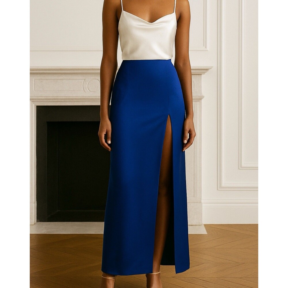 Cetta Clothing Maxi Skirt Womens L Blue Satin High Slit Formal Sexy Occasion New
